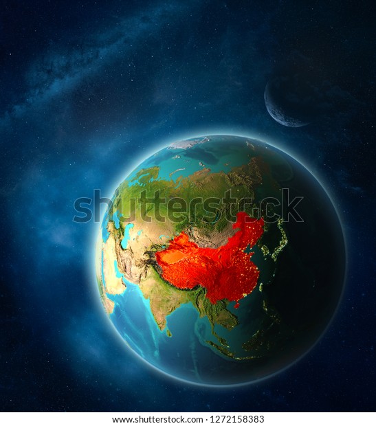 China from space on\
planet Earth in space with Moon and Milky Way. Extremely fine\
detail of planet surface. 3D illustration. Elements of this image\
furnished by NASA.