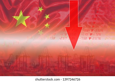 China Stock Market Crash / Shanghai Stock Exchange Analysis Indicator Trading Graph Chart Business Crisis Red Price Arrow Down Finance Money Economy And Trade War  In Export Import Business And Logist