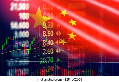 China Stock Market / Shanghai Stock Exchange Analysis Forex Indicator Trading Graph Chart Business Growth Finance Money Crisis Economy And Trade War With China Flag