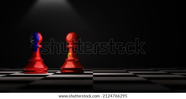 China\
and Taiwan flag print screen to pawn chess on chess board for both\
countries conflict and military  problem\
concept.