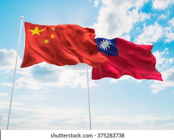 China & Taiwan Flags Are Waving In The Sky