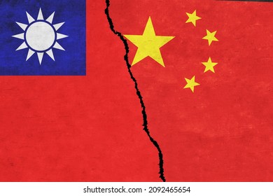 China and Taiwan painted flags on a wall with a crack. China and Taiwan conflict. Taiwan and China flags together. China vs Taiwan