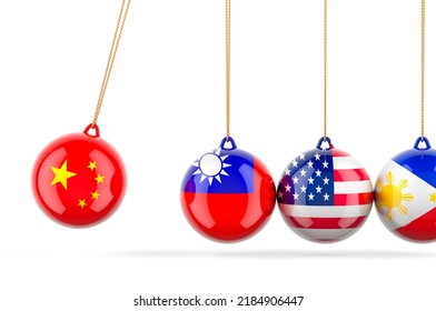 China, Taiwan, USA, Philippines Conflict. Newtons Cradle, Pendulum. 3D Rendering Isolated On White Background