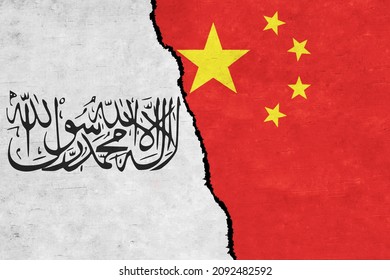 China and Taliban painted flags on a wall with a crack. China and Taliban relations. Islamic Emirate of Afghanistan and China flags together. China vs Taliban