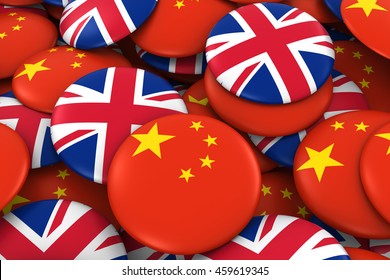 China And UK Badges Background - Pile Of Chinese And British Flag Buttons 3D Illustration