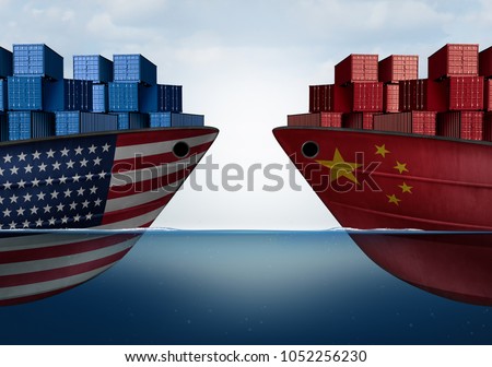 China United States trade and American tariffs as two opposing cargo ships as an economic  taxation dispute over import and exports concept as a 3D illustration. [[stock_photo]] © 