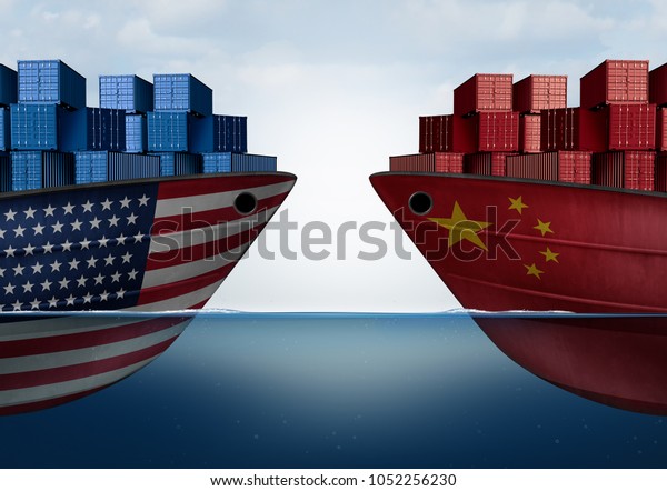 China United States trade\
and American tariffs as two opposing cargo ships as an economic \
taxation dispute over import and exports concept as a 3D\
illustration.