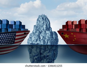 China United States trade danger and American tariffs economic fear as two cargo ships facing a hazardous iceberg as an economic dispute over import and exports concept as a 3D illustration.