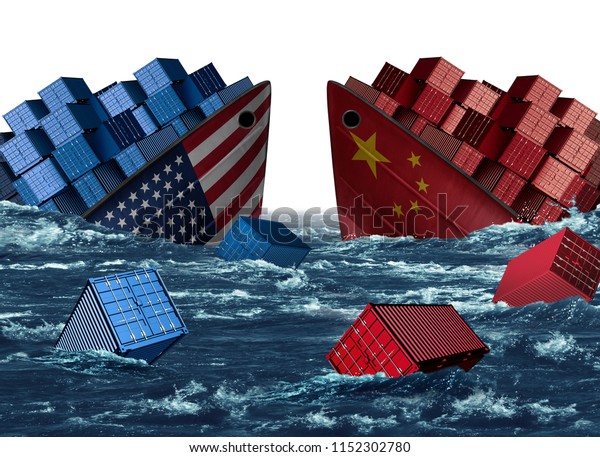 China United States trade trouble and economic\
war or American tariffs and Chinese tariff as two sinking cargo\
ships as a taxation dispute over import and exports with 3D\
illustration\
elements.