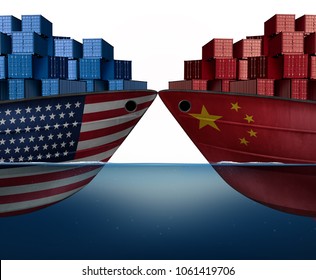 China United States Trade War And American Tariffs Or Chinese Tariff As Two Cargo Ships As An Economic  Taxation Dispute Over Import And Exports Concept As A 3D Illustration.