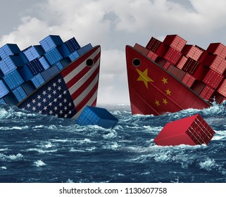 China United States trade war risk and American tariffs or Chinese tariff as two sinking cargo ships as an economic  taxation dispute over import and exports with 3D illustration elements.