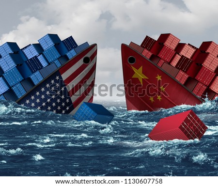 China United States trade war risk and American tariffs or Chinese tariff as two sinking cargo ships as an economic  taxation dispute over import and exports with 3D illustration elements. Stock photo © 