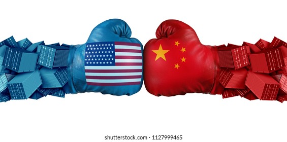 China United States Or USA Trade And American Tariffs Conflict With Two Opposing Trading Partners As An Economic Import And Exports Dispute Concept With 3D Illustration Elements.