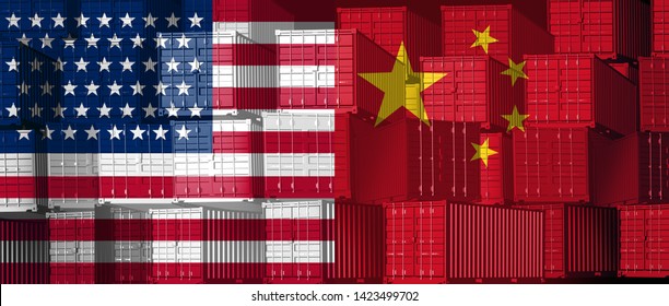 China US trade business concept as a Chinese USA tariff war and American tariffs as two groups of cargo freight containers as an economic relationship over import and exports as a 3D illustration.