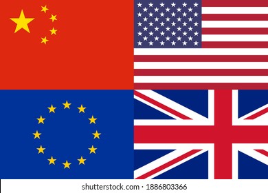 China, USA, EU (European Union) And UK National Flags Icon Pattern Together Background, Abstract China US Europe UK Politics Economy Commerce Finance Cooperative Partnership Concept Texture Design