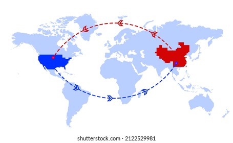 China and USA Exchange, Trade, Shipping and Commerce Concept. Highlighted Country of united State and China on World map