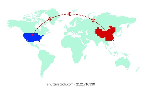 From China to USA line Concept. United State and China Travel Line. Business, trade, and Aviation Concept