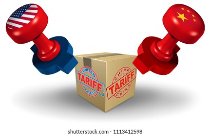 China USA tariff dispute as a trade war and United States or American tariffs as two opposing stamps on goods as an economic  taxation over import and exports concept as a 3D illustration.