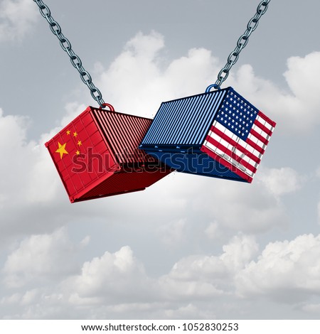 China USA trade war and American tariffs as two opposing cargo freight containers in conflict as an economic dispute over import and exports concept as a 3D illustration. Stock photo © 