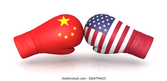 china usa trade war tax entrance import duty 3d boxing gloves rendering levy tariff increase conflict crisis political military warfare conflict isolated sign symbol icon template on white background