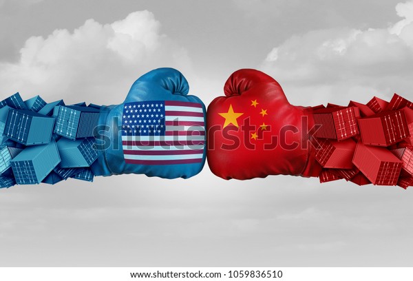 China USA or United\
States trade and American tariffs conflict with two opposing\
trading partners as an economic import and exports dispute concept\
with 3D illustration\
elements