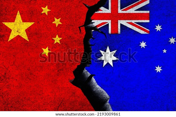 China vs Australia concept flags on a wall with a\
crack. Australia and China political conflict, war crisis, economy,\
relationship, trade\
concept