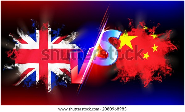 China vs Britain ongoing trade war conflict. Flag\
of two countries opposite to each other with vs text and background\
black