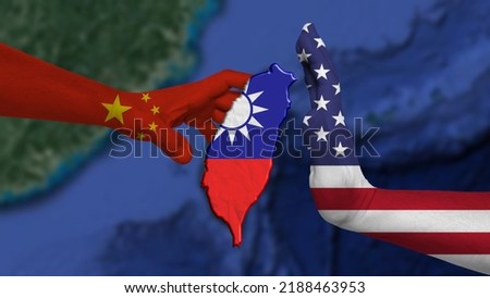 China vs Taiwan. The People's Republic of China wants to attack Taiwan and the United States of America tries to stop the aggression. In the background, the world map out of focus. 商業照片 © 