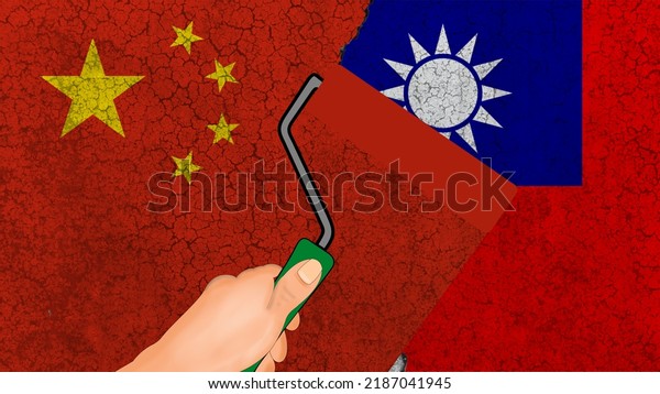 China vs Taiwan. The People\'s Republic of China\
wants to remove Taiwan from the maps. Illustration concept of\
military and political\
conflict.
