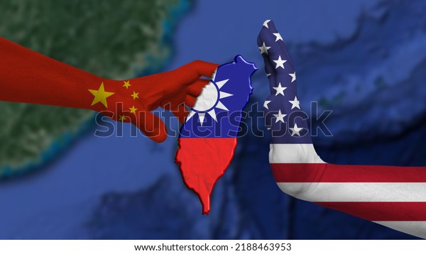 China vs\
Taiwan. The People\'s Republic of China wants to attack Taiwan and\
the United States of America tries to stop the aggression. In the\
background, the world map out of\
focus.