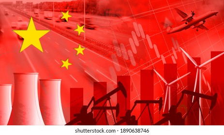 China's Economic Growth. Sustainable energy generation and heavy industry. Energy and Power with China flag.
