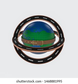 China's Global Trade Route the Belt and Road Initiative (BRI) depicted by a 3D rendering of a stylized globe surrounded by a belt and a road.