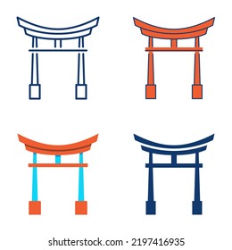 Chinese Arch Icon Set In Flat And Line Style. Asian Style Traditional Gate Symbol.