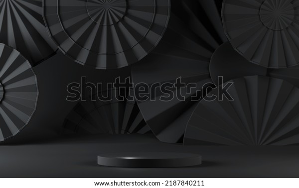 Chinese black luxury background with pedestal,\
podium, round stage for product display presentation. Happy Chinese\
new year concept with folded paper fans. Mid autumn festival\
background. 3d\
render