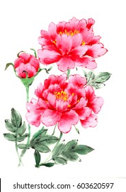 Chinese brush and ink traditional peony flowers