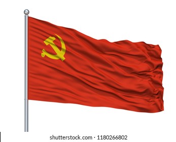 Chinese Communist Party Flag On Flagpole, Isolated On White Background, 3D Rendering