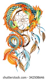 Chinese Dragon And Dream Catcher Card. Watercolor Ethnic Dream Catcher. Traditional Symbol Of Dragon. Watercolor Hand Painted Illustration.