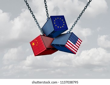Chinese European and American tariff war as a China Europe USA trade problem as cargo containers in conflict concept with a sky background as a 3D illustration.