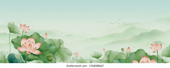 Chinese Feng Shui ink lotus landscape painting.Oriental traditional classical landscape painting with flowers.Ink painting