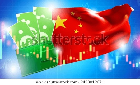 Chinese flag. Economic graphs. Wallet with money. Economy of China. Financial system of people republic of China. Flag of people republic of China. Chart fall of Chinese economy. 3d image 商業照片 © 