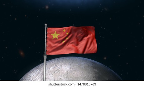 Chinese Flag On The Moon. China Moon Space Mission Concept. Science Background With Place For Text. 3d Render