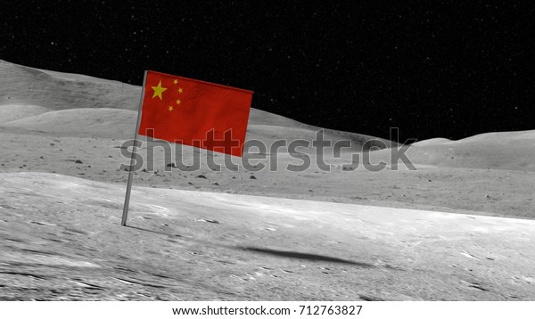 3dイラストの背景に星と月の風景が浮かんだ岩だらけの月の表面に中国の国旗 のイラスト素材