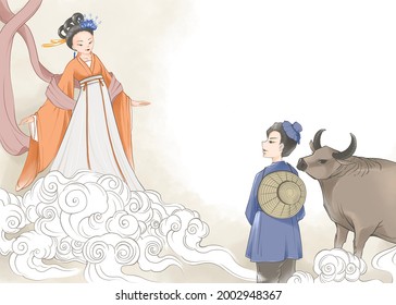 Chinese Folk Story, The Weaving Girl And Cowherd. Chinese Valentine's Day Story. Colorful Illustration, Digital Art.