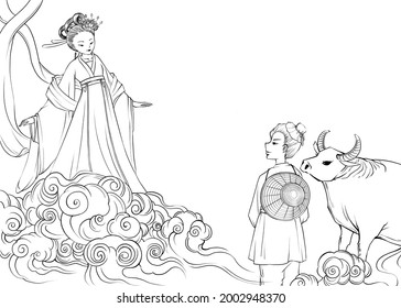 Chinese Folk Story, The Weaving Girl And Cowherd. Chinese Valentine's Day Story. Digital Illustration, Black And White.