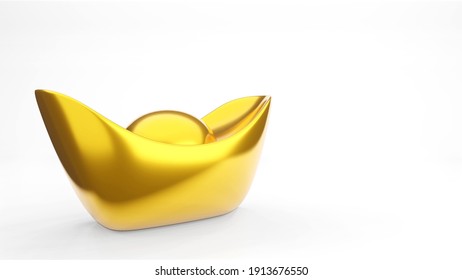 Chinese Gold Ingot On White Background , 3D Rendering 