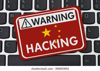 Chinese Hacking Warning Sign, A Red Sign With Text Hacking In Chinese Flag Colors On A Keyboard