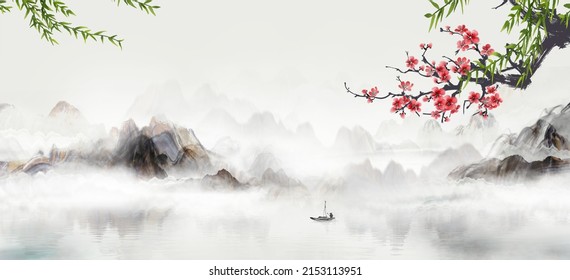 Chinese Ink Landscape Plum Blossom Background Picture