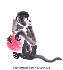 Chinese Ink Painting The Year Of Monkey. 