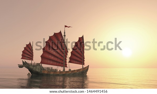 Chinese junk ship at sunset\
Computer\
generated 3D\
illustration