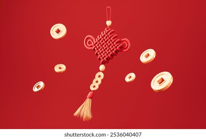 Chinese knot and floating Chinese coins, Chinese new year, happy new year, Chinese style theme, 3d rendering. 3d illustration.